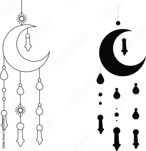 Crescent Moon Boho Dangler Line Art and Silhouette