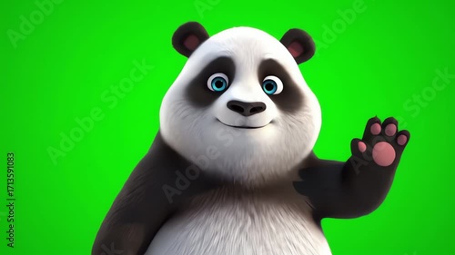 Cute Animated Panda Bear Waving Hello on Green Screen Background