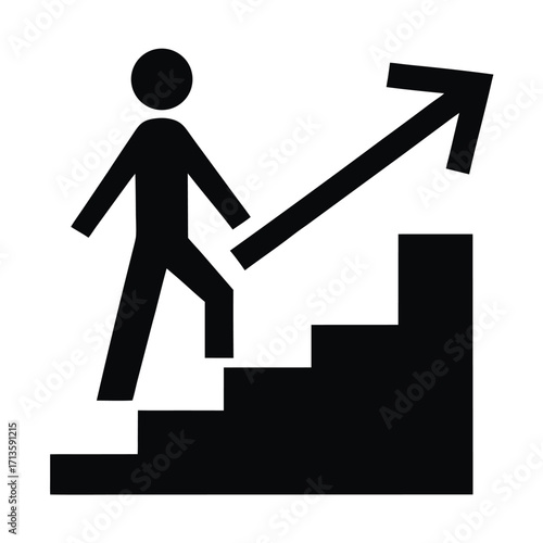 Stick figure climbing a staircase with an arrow pointing upwards
