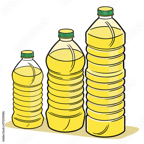 Three clear bottles filled with bright yellow cooking oil showcasing different sizes and volume options for culinary use.