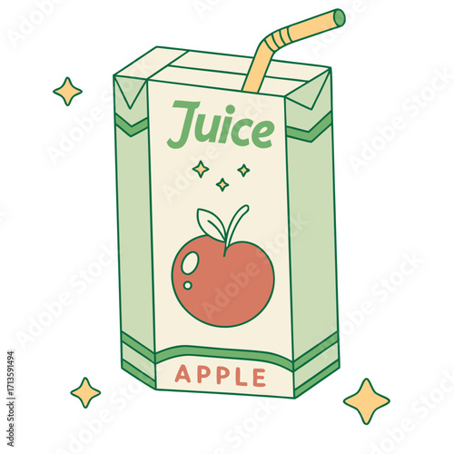 Whimsical apple juice box with straw and sparkling stars, perfect for playful branding and kid-friendly designs.