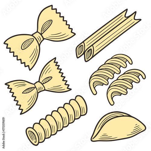 Variety of pasta shapes illustration including farfalle penne fusilli rigatoni and conchiglie design