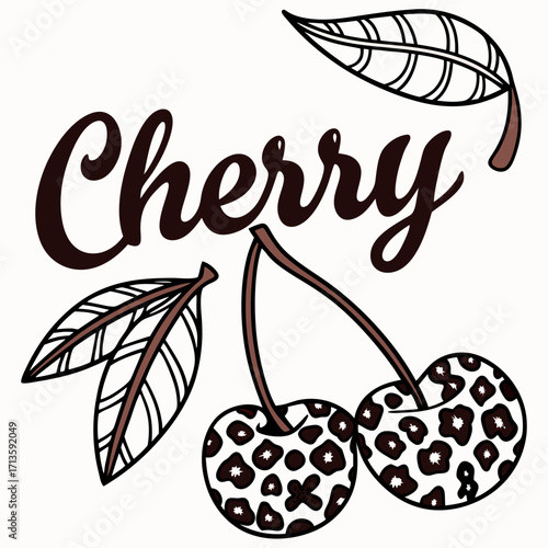 Stylish cherry illustration with leopard print and outlined leaves for summer designs