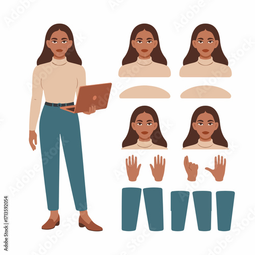 "Modular Professional Woman Character Design Sheet with Laptop"