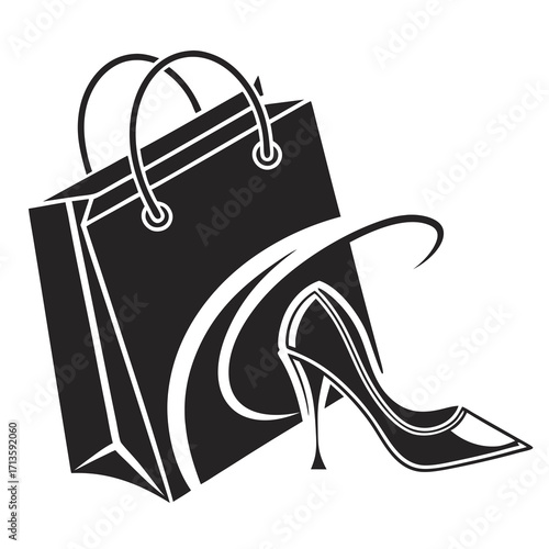 Elegant shopping bag with a high heel shoe in a stylish black and white design perfect for fashion and retail promotions