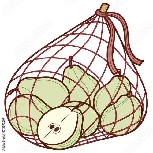 Fresh pears in a reusable string bag promoting sustainable living and healthy eating habits for an ecofriendly lifestyle choice