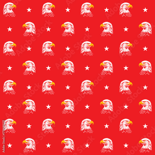 Seamless Pattern with Eagle Heads and Stars on Red Background, Bold and Patriotic Design for Textile, Wallpaper and Decoration.