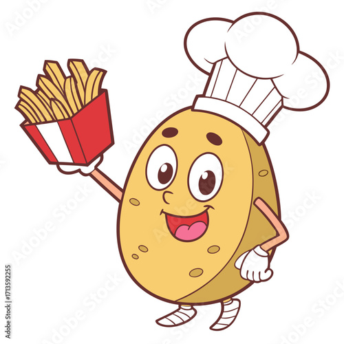Joyful cartoon potato chef proudly presents a box of golden french fries, ready to serve deliciousness for any food-related project.