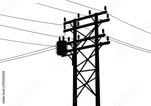 Silhouette of high voltage power transmission tower with transformer, electric utility structure, energy distribution network, industrial infrastructure, electricity grid cables outdoors