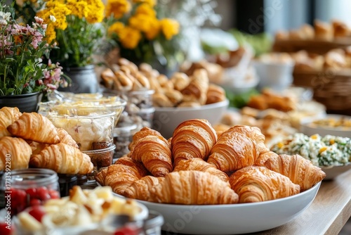 Sweet buffet table featuring croissants, breakfast items, and a coffee break setup in a hotel restaurant, Generative AI