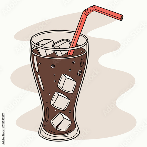 Refreshing iced cola with cubes of ice and a red striped straw, perfect for summer refreshment and beverage promotions.
