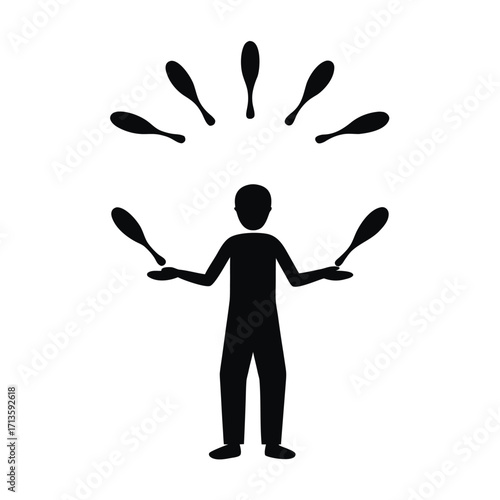 A simple black silhouette of a juggler with several paddles