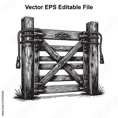 Vector art of rustic wooden farm gate with rope and tassels
