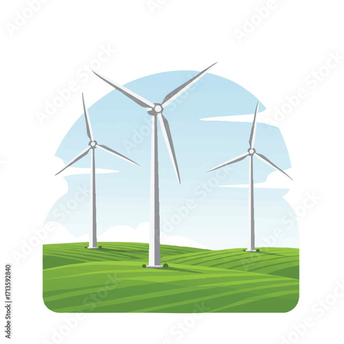 Three tall wind turbines are prominently featured in a row on a rolling green landscape under a clear blue sky, depicted in a vibrant 2D flat vector illustration.