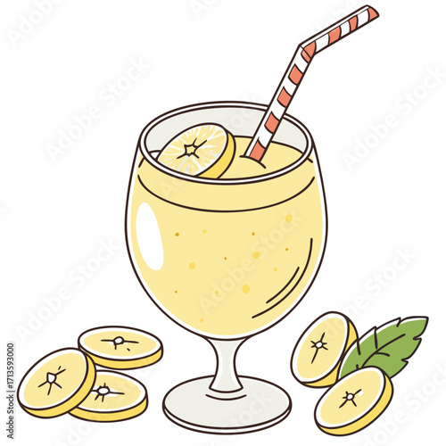 Refreshing banana smoothie in a glass with a straw and banana slices on a white background perfect for a healthy summer drink concept