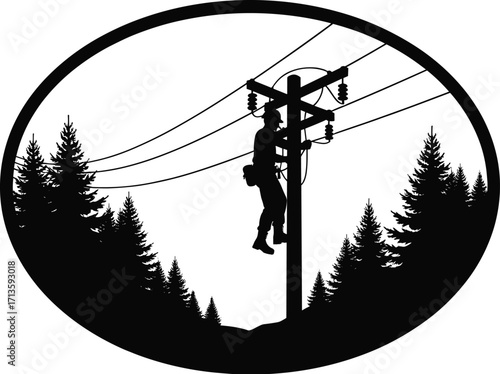 Silhouette of lineman climbing utility pole in forest landscape, repairing power lines, outdoor electrical maintenance, energy distribution safety, professional worker equipment