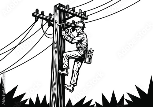 Vintage style illustration of lineman climbing wooden utility pole, repairing electrical power lines, energy infrastructure maintenance, electricity distribution, professional worker safety