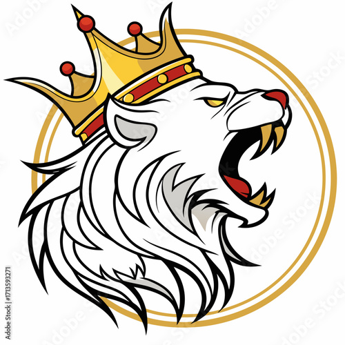 Majestic white lion roars powerfully wearing a golden crown symbolizing strength and royalty