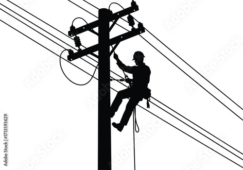 Silhouette of electrical lineman climbing power pole, repairing utility wires, performing maintenance, high voltage electricity distribution, energy infrastructure, safety equipment