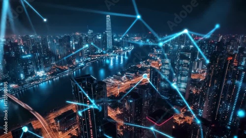 Aerial view of a modern city at night, connected by network of glowing lines