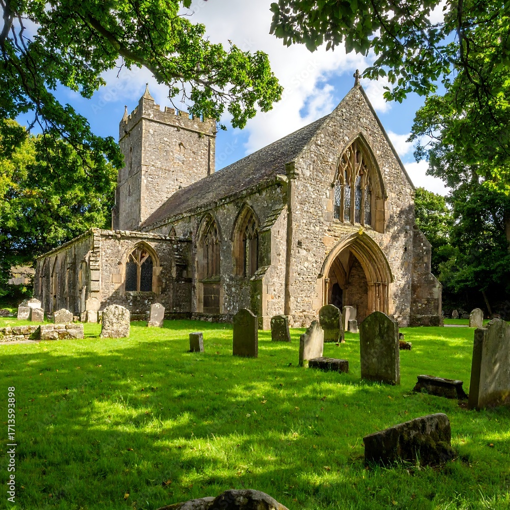 Naklejka premium Stone church with graveyard under trees