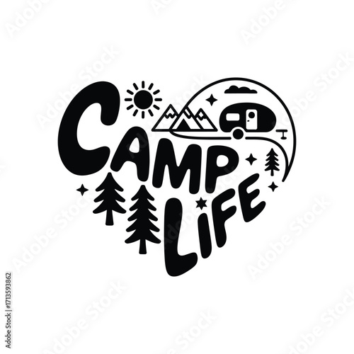 Heart-Shaped Camp Life Vector with Mountains, Trees, Camper, and Picnic Table ? Stylized Outdoor Adventure Design for Nature, Travel, and Camping Projects