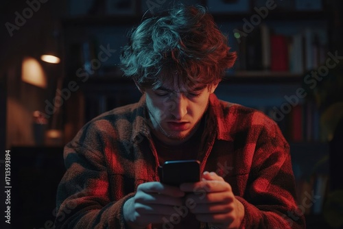 Upset young man sitting in the office, holding a phone in his hands, frustrated after losing money in online games, reading bad news via SMS, holding his face in distress, Generative AI