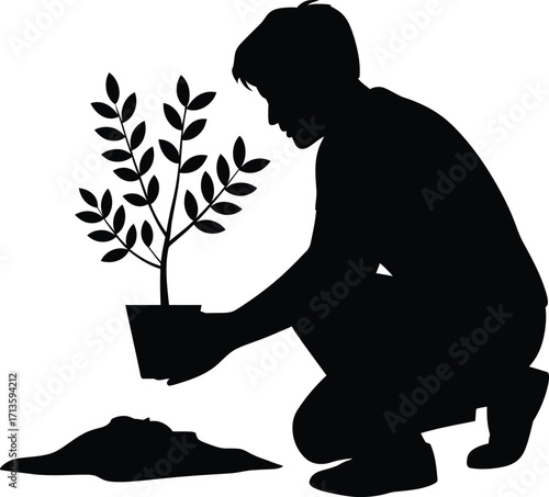 Gardening Silhouette Vector of Person Planting Potted Plant ? Black Isolated Icon Representing Growth, Nature, Sustainability, and Environmental Care