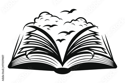 Open Book with Pages Turning Into Birds on White Background