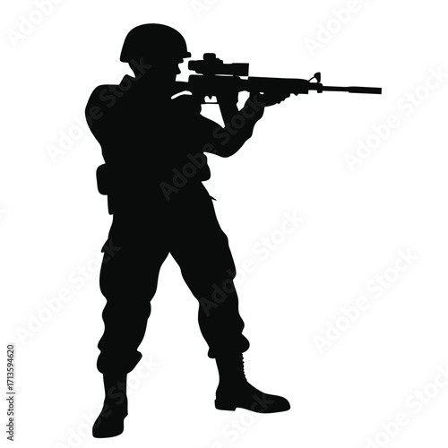 Silhouette of a soldier aiming a rifle in a dark setting