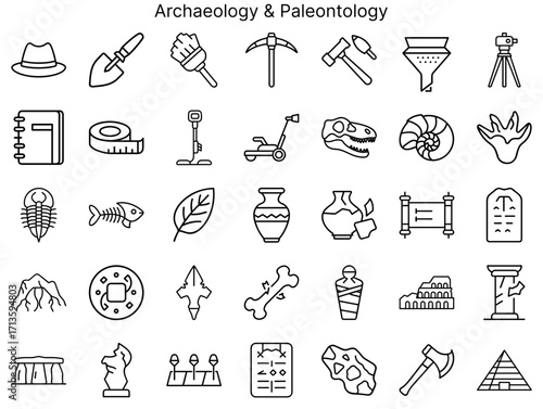 Line icons representing tools and symbols of Archaeology & Paleontology  