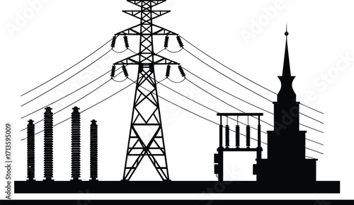 Silhouette of electrical substation with high voltage transmission tower, power lines, transformers, energy infrastructure, electricity distribution, industrial power generation system