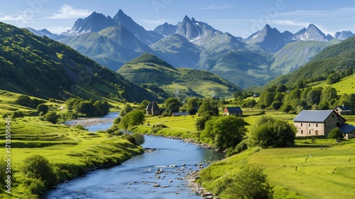 Fototapeta Naklejka Na Ścianę i Meble -  Breathtaking landscape of the Pyrenees mountains with river flowing through green valley in France