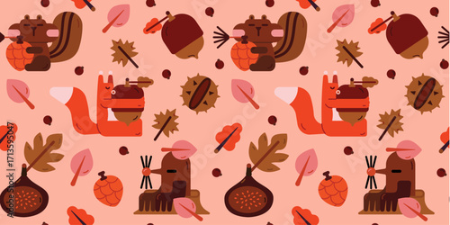 Cute seamless pattern with animals. Autumn seamless pattern with a squirrel, chipmunk, mole, fig, and chestnut. Cute autumn illustration. Children's pattern.