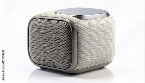Modern portable mini bluetooth speaker with fabric finish isolated on a white background.