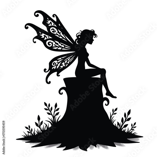 Black silhouette of a fairy sitting on a tree stump with ornate wings