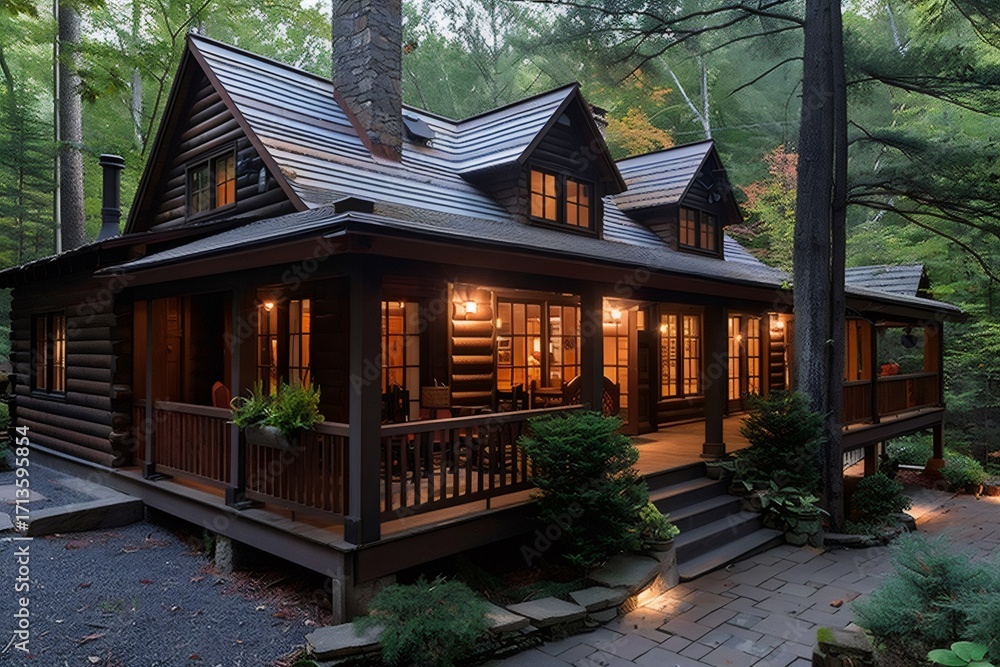 Fototapeta premium Luxurious Log Cabin nestled in tranquil forest at twilight, showcasing rustic charm and warm inviting glow