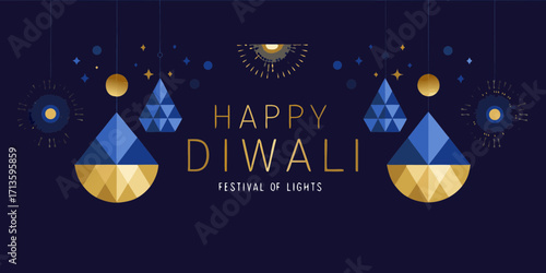 Happy diwali festival of lights greeting card with geometric lanterns and fireworks on dark blue background