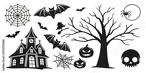 Halloween vector elements silhouette mega set including pumpkins, ghosts, witches, bats, and spooky icons. Editable vector illustration for posters, social media, seasonal design, and branding.