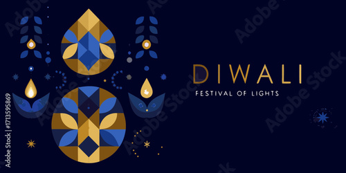 Diwali festival of lights modern geometric illustration with diya lamps and stars on dark blue background