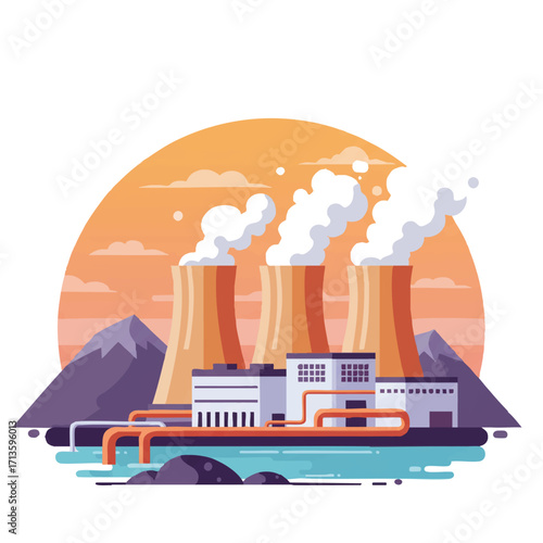 Vibrant 2D flat vector shows a geothermal power plant emitting steam from cooling towers, against a stylized mountain and hot spring background, with clean outlines and vivid colors.