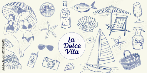 La dolce vita summer beach vacation lifestyle elements hand drawn sketch style