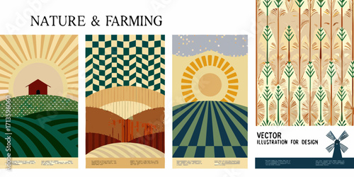 Abstract nature and farming landscapes with sunrises fields and geometric patterns