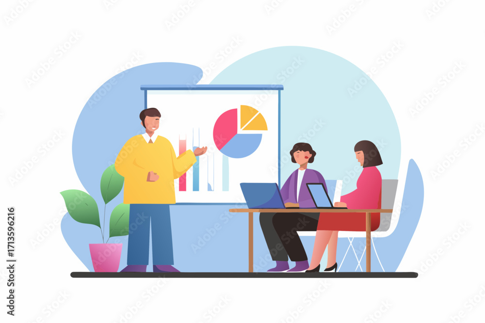 Obraz premium Business presentation with charts and graphs on a screen and people collaborating at a table with laptops