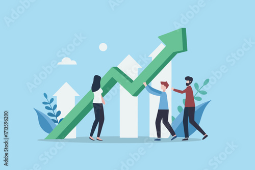 Teamwork and collaboration driving business growth and success with upward trending arrow