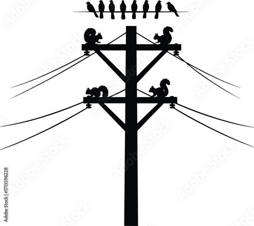 Silhouette illustration of birds and squirrels on electric utility pole, wildlife on power lines, nature interaction with electricity, rural outdoor scene