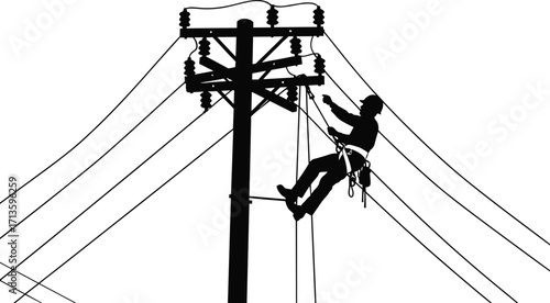Silhouette of electrical line worker climbing power pole with safety harness, repairing utility lines, electricity maintenance, industrial energy infrastructure concept