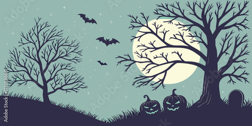 Halloween silhouette background featuring spooky trees, bats, haunted house, and full moon. Vector illustration for posters, social media, seasonal design, and event decoration.