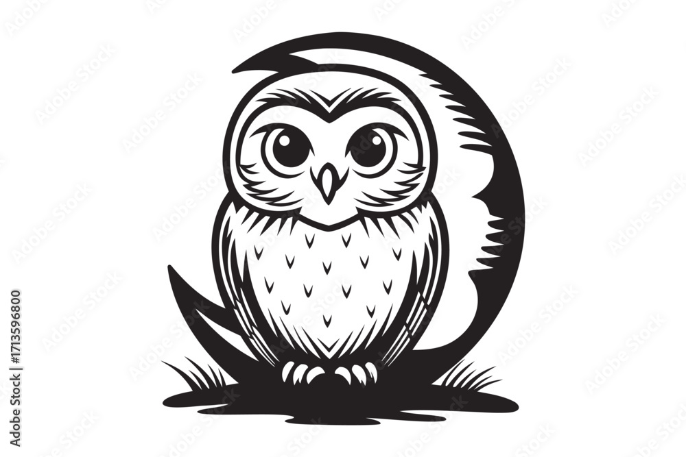 Fototapeta premium Owl Perched Before Crescent Moon on White Background