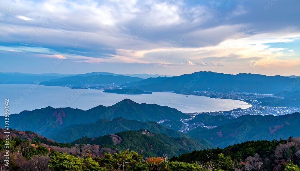 Obraz premium Panoramic mountain vista over lake and city